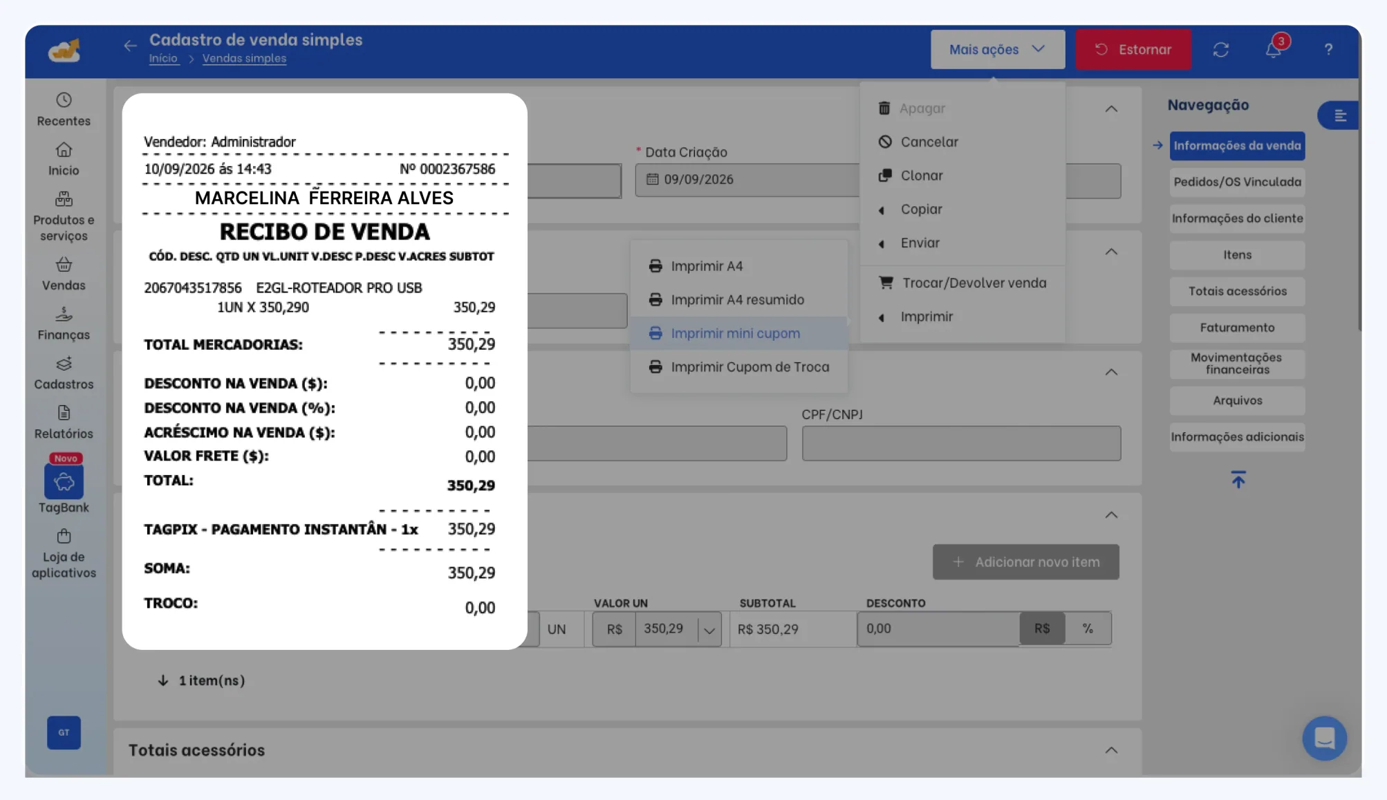 TagPlus sale receipt and printing screen