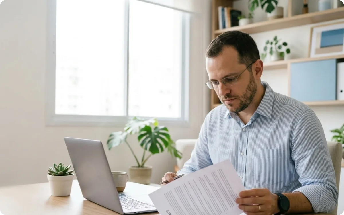 Consultant reviewing a contract document next to a laptop