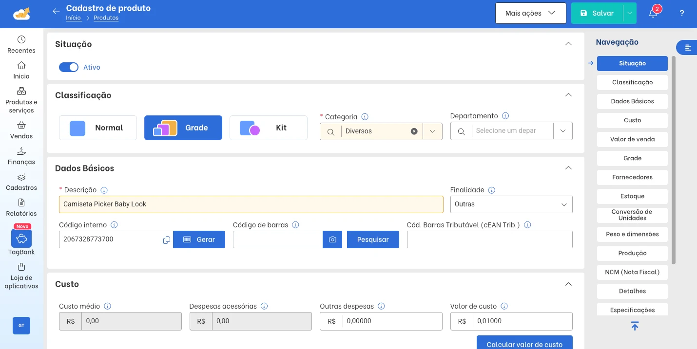 Product registration screen in TagPlus