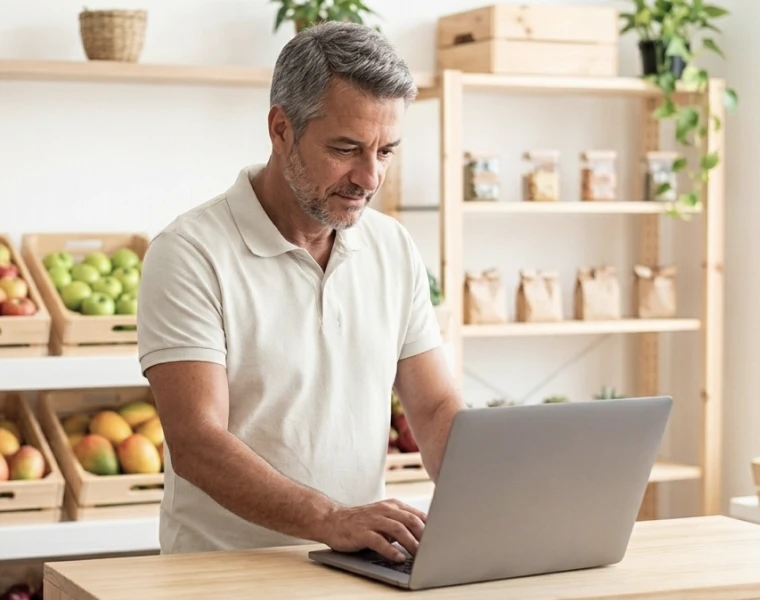 Shopkeeper using TagPlus on a laptop among crates of fruit and vegetables