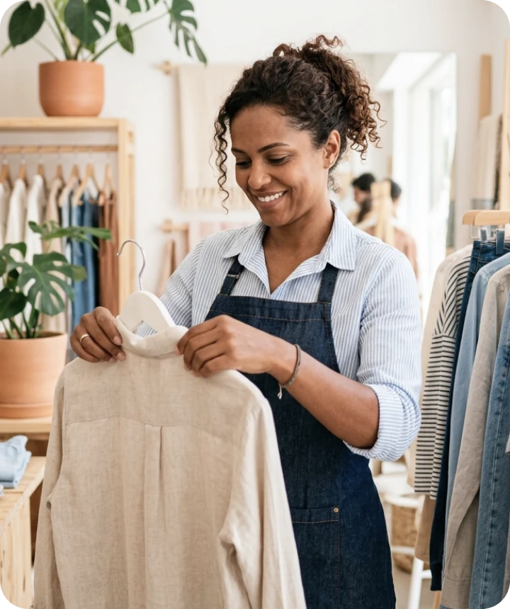 Saleswoman checking a garment on a hanger inside the store