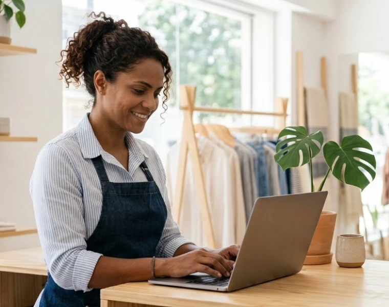 Fashion retailer using TagPlus on a laptop