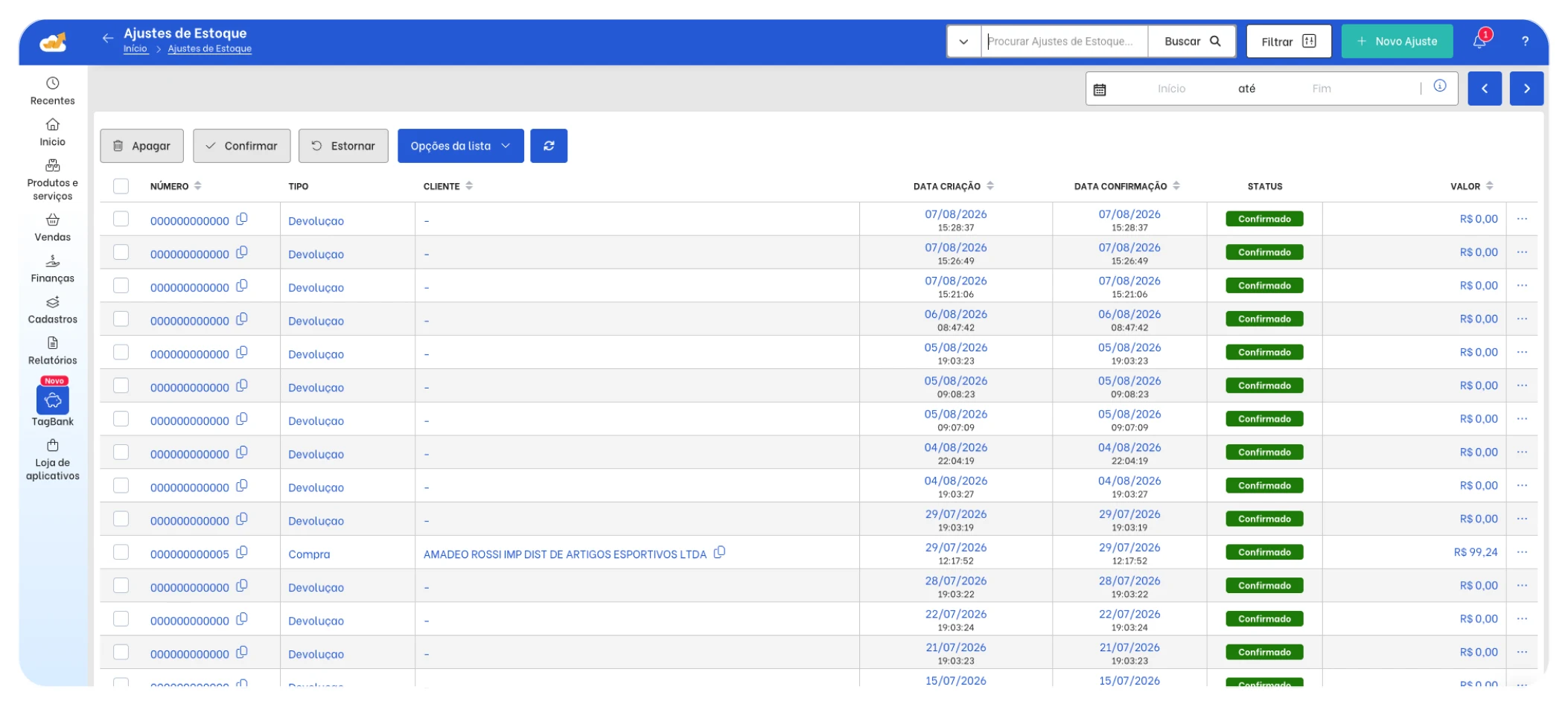 Tela do módulo Inventory no TagPlus