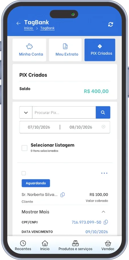 Phone showing the TagBank panel with the balance and the list of PIX payments
