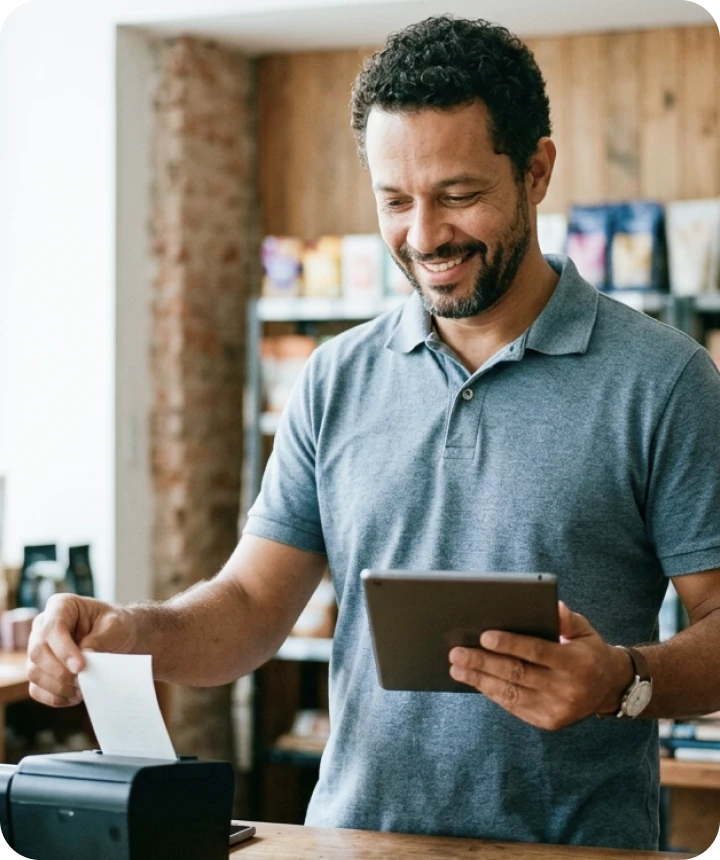 Shopkeeper behind the counter with a tablet in one hand and the printed document coming out of the printer in the other